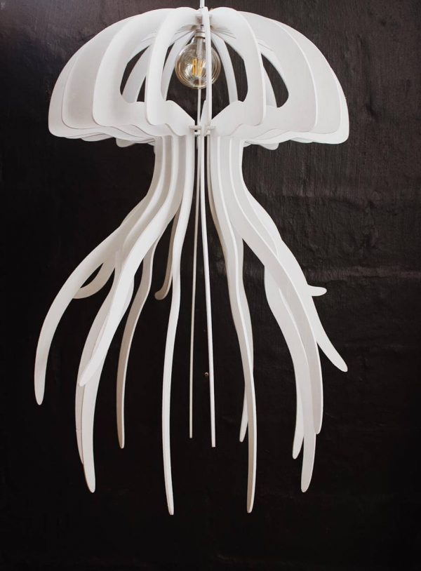 White jellyfish-inspired wooden pendant light with trailing tentacle shapes
