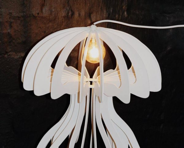 Laser-cut white wooden jellyfish pendant lamp with exposed bulb