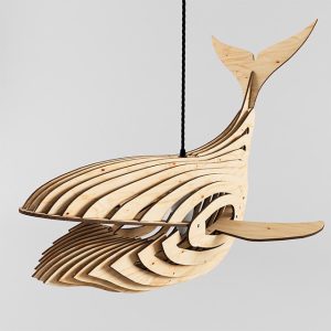 Wooden whale-shaped pendant light with layered slats