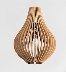 Wooden pendant light with onion-shaped slatted design