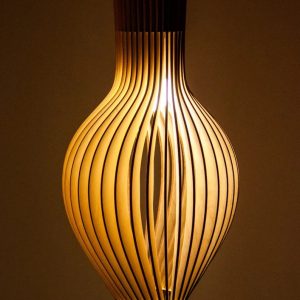 Warm glowing wooden parametric pendant light in sculptural form