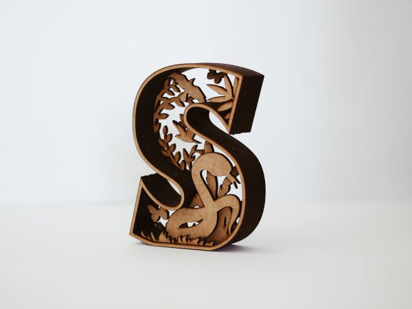CNC laser-cut wooden letter S with floral bird and snake design – CNCPro custom décor