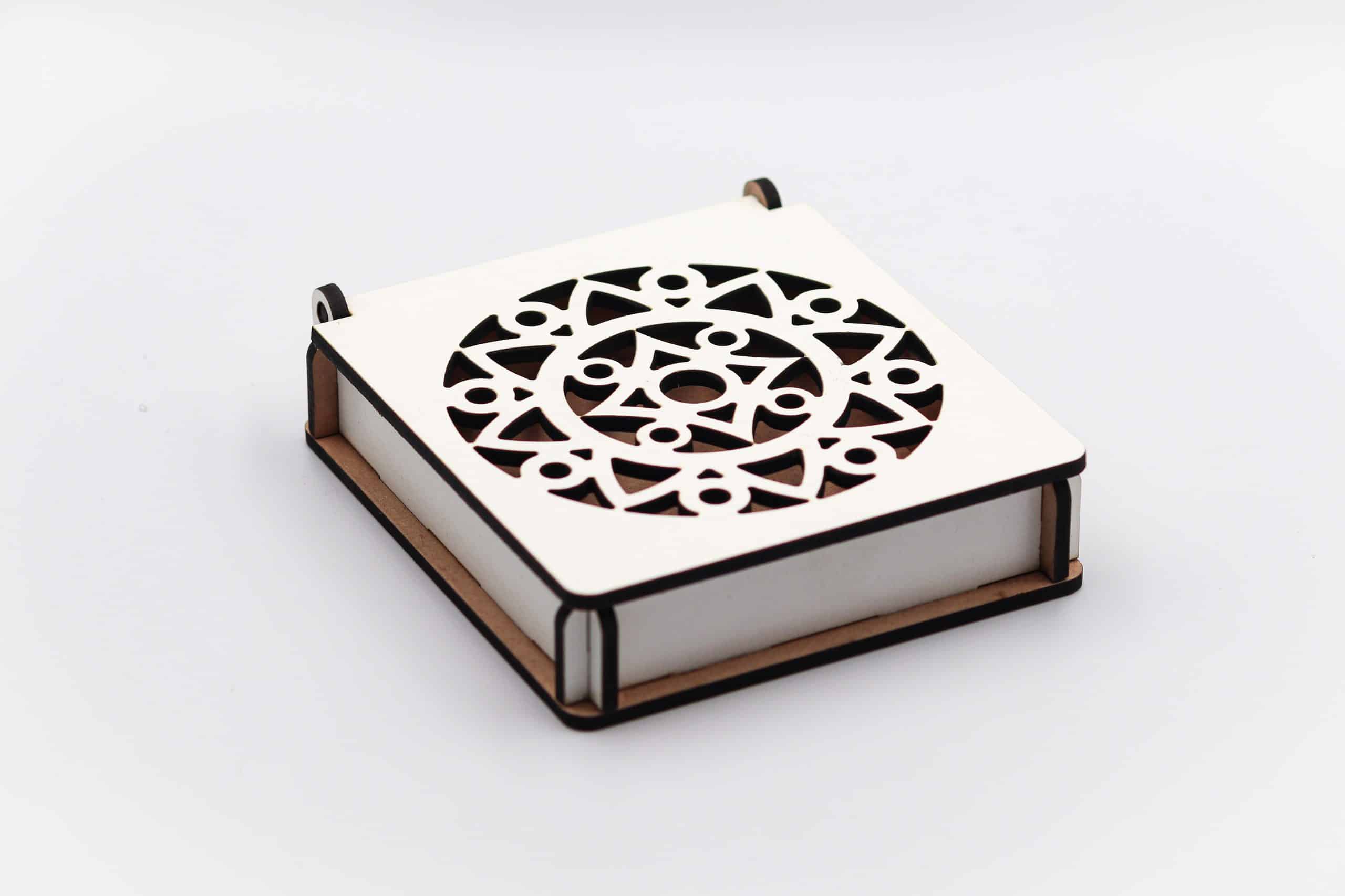 White MDF box with laser-cut circular mandala lid