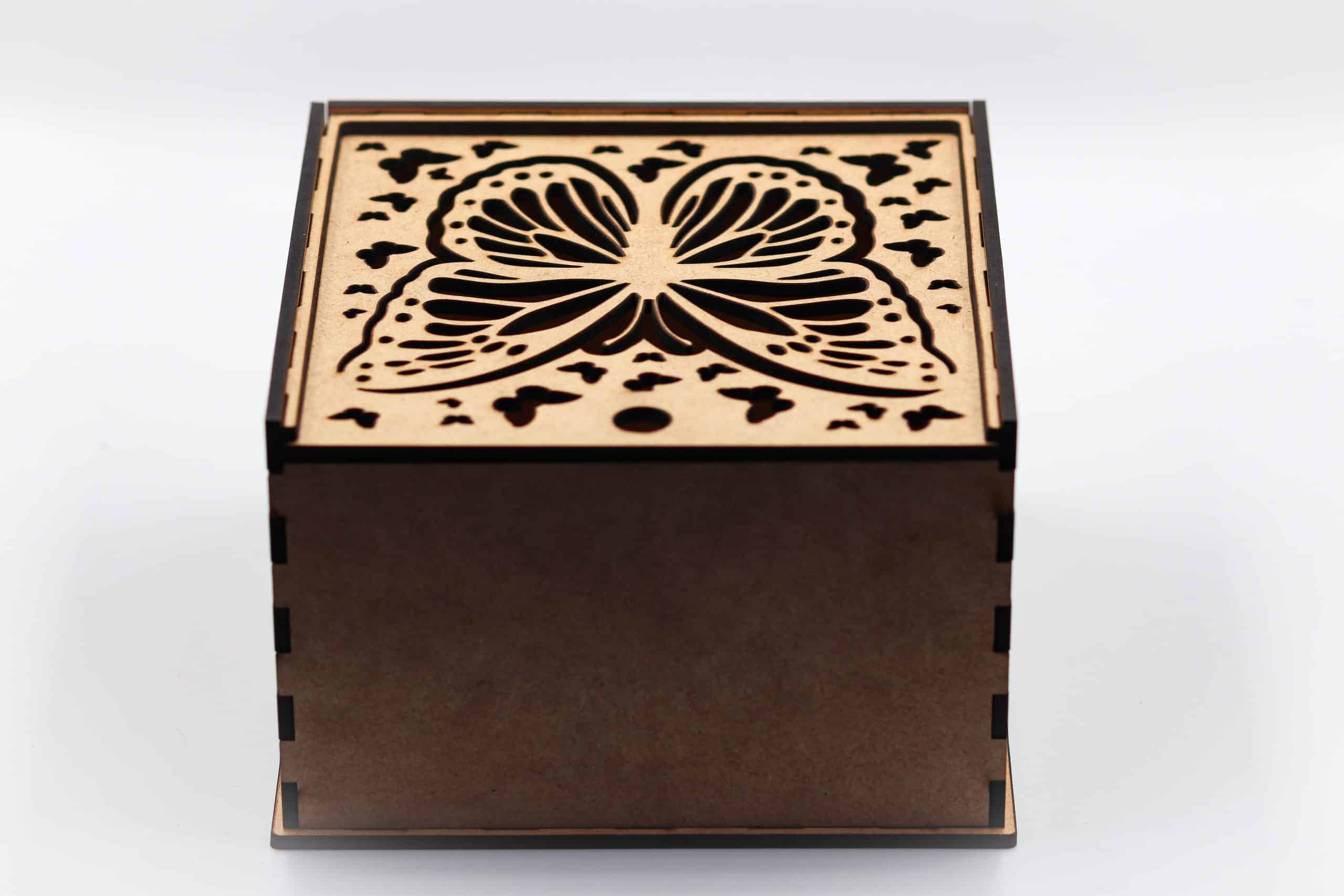 Square wooden gift box with intricate butterfly laser-cut lid – South Africa Gifts