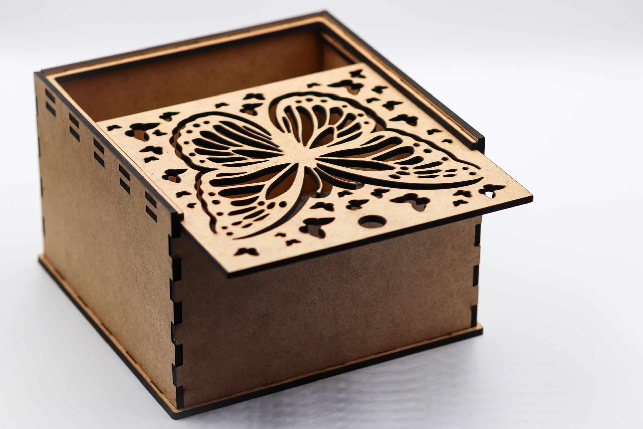 Square wooden gift box with detailed butterfly laser-cut lid – Handmade Gift Box South Africa