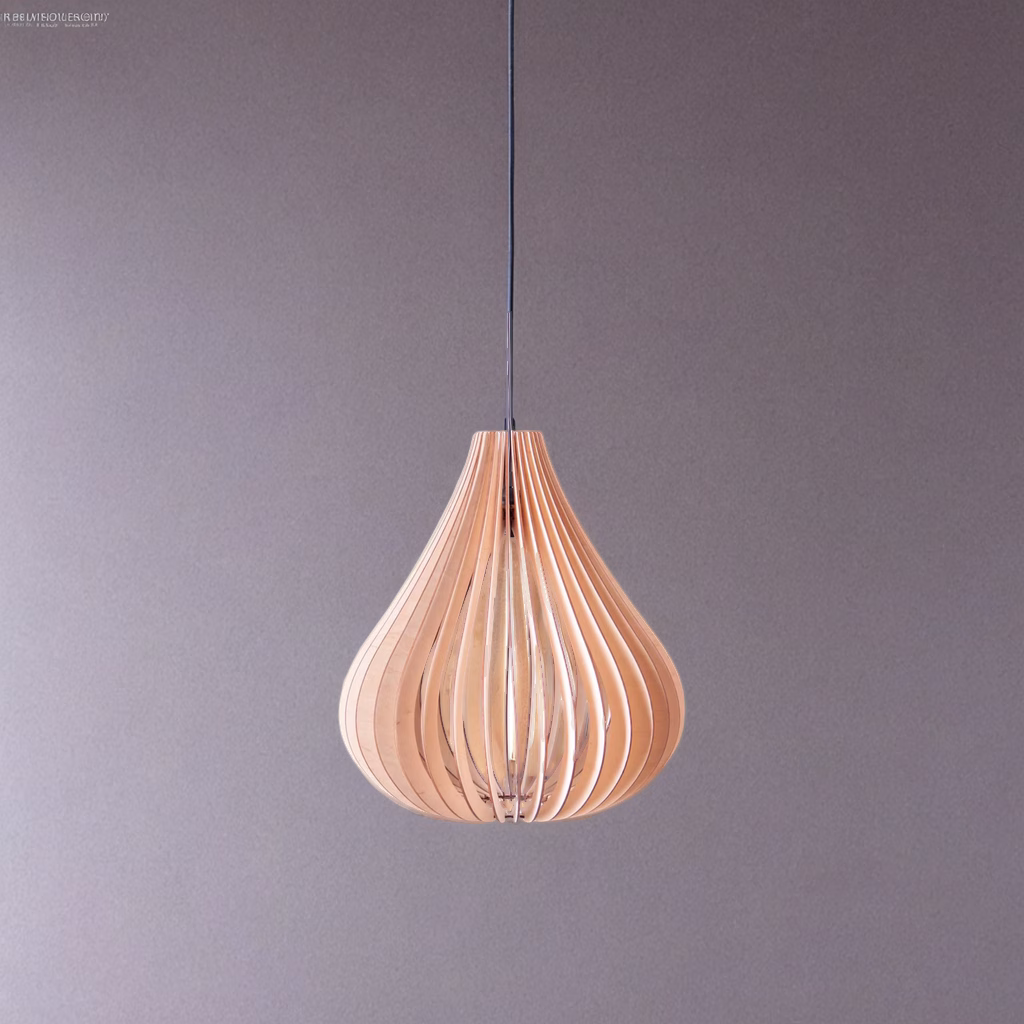 Pear-shaped wooden pendant light with open-slat parametric design, shown against a grey background.