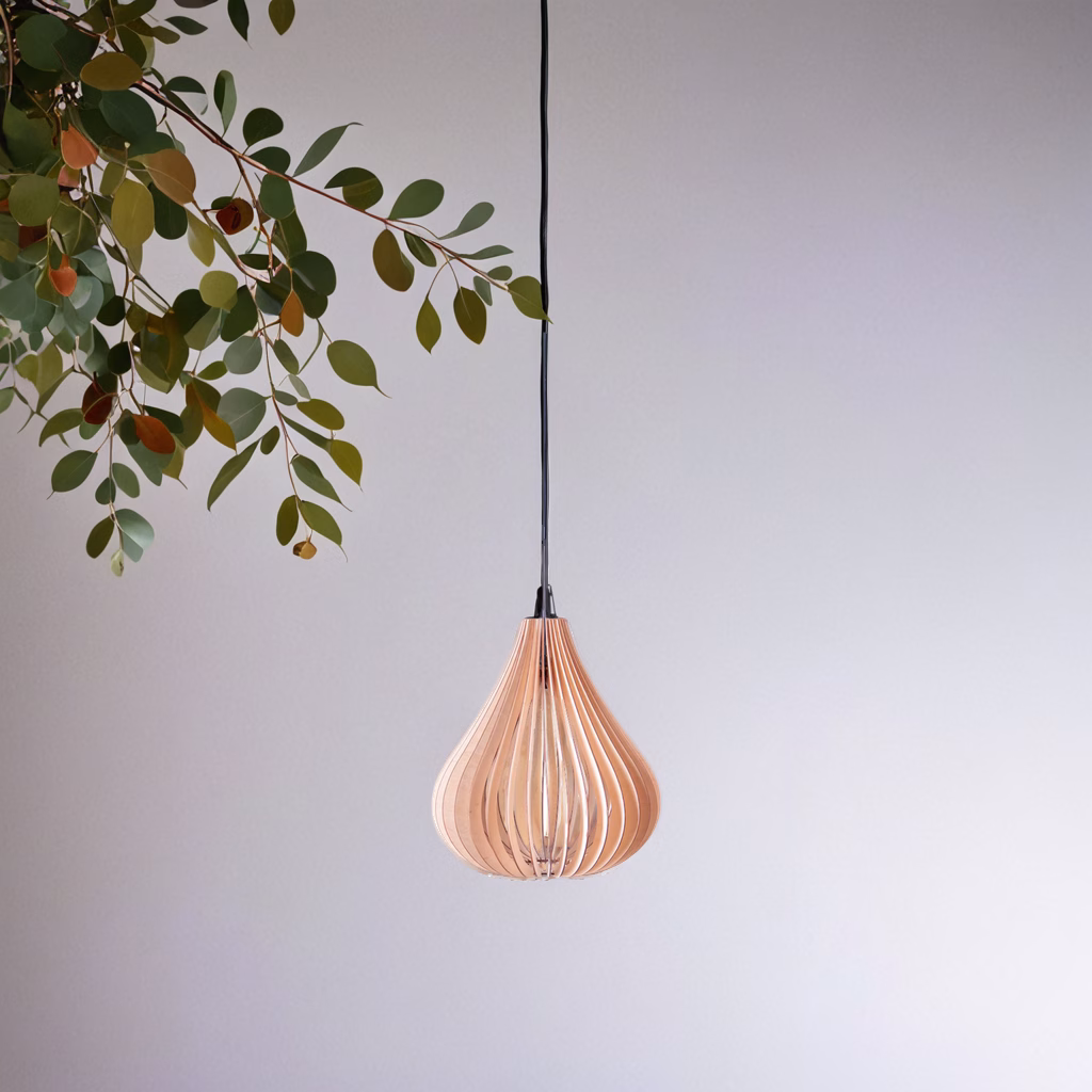Pear-shaped wooden pendant light with a parametric design hanging from a black cord, shown beside green foliage.