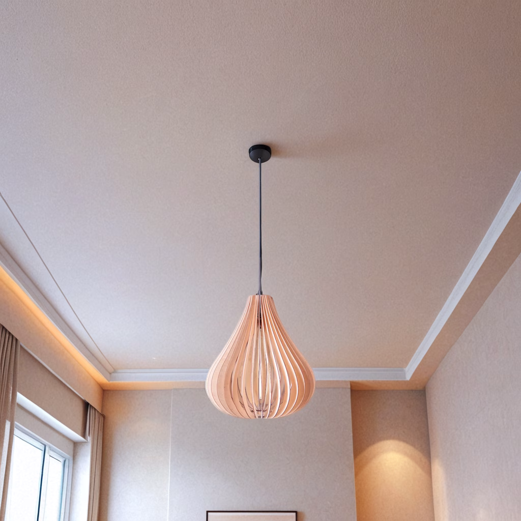 Pear-shaped wooden parametric pendant light hanging from the ceiling in a modern, neutral-toned living space.